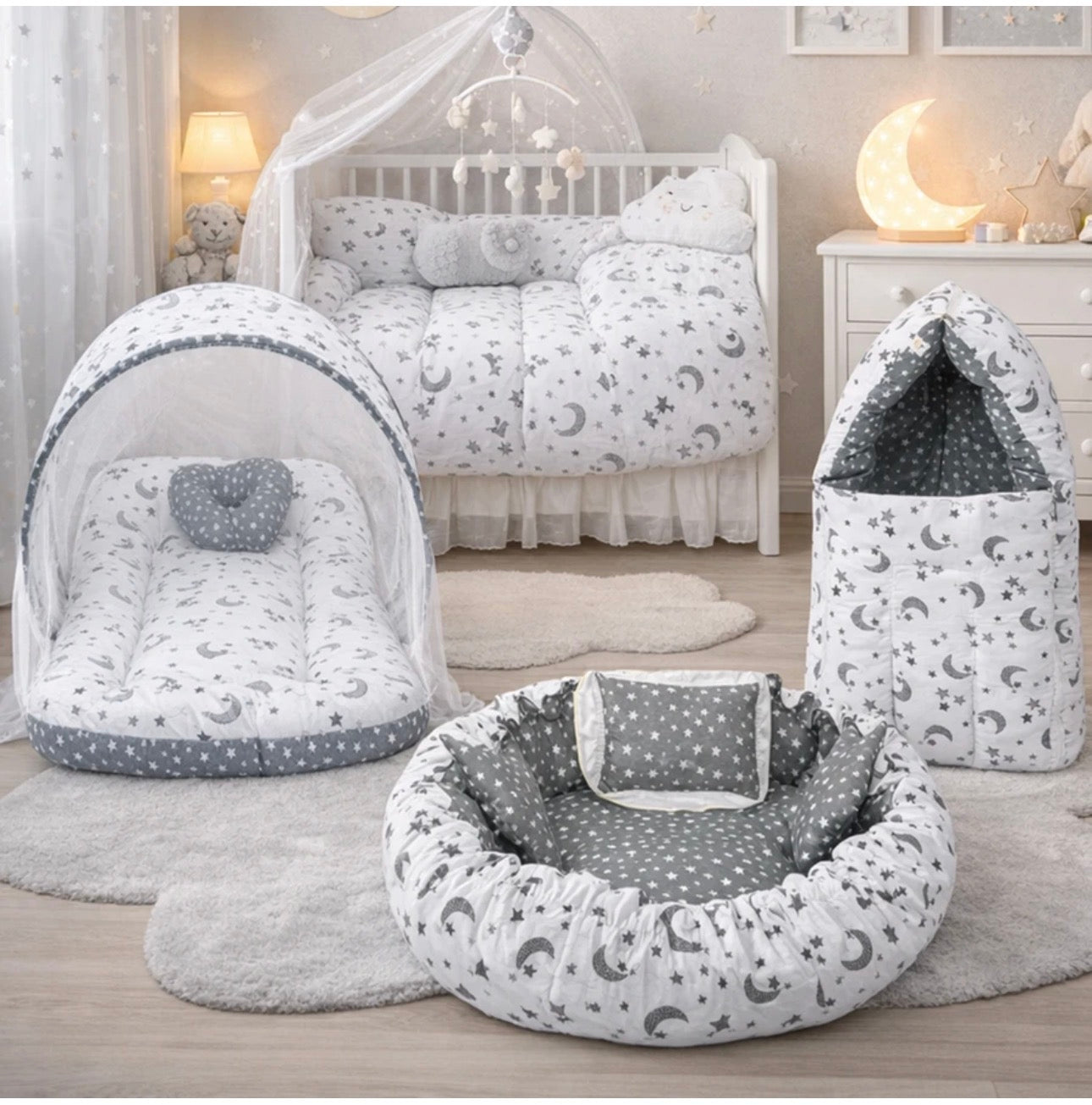 Cotton Baby Bed Sized Bedding Set (Multicolor, 1 Mattress With Net, 1 Pillow, 1 Carry Bag, 1 Baby Nest With 2 Heart & 1 Pillow)